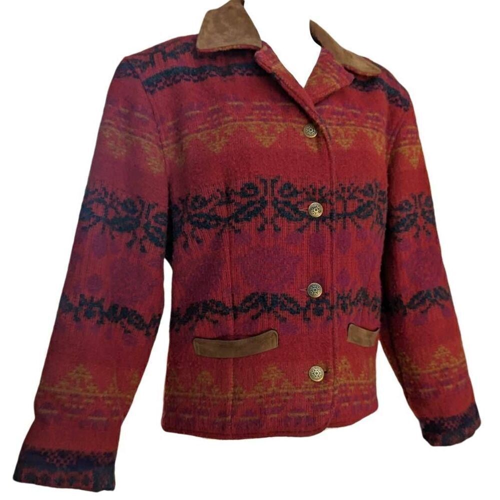 Vintage Woolrich Jacket Red Southwestern Aztec Suede Trim Wool USA Size S Button - Picture 3 of 10